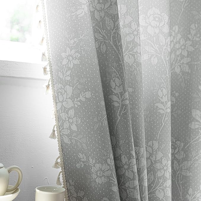 ENJOYBRIDAL Floral Curtains 96 Inches Long Grey Light Filtering Drapes Rod Pocket Bedroom Living Room Semi Sheer Window Curtains 2 Panel Sets Farmhouse Boho Cute Window Treatments