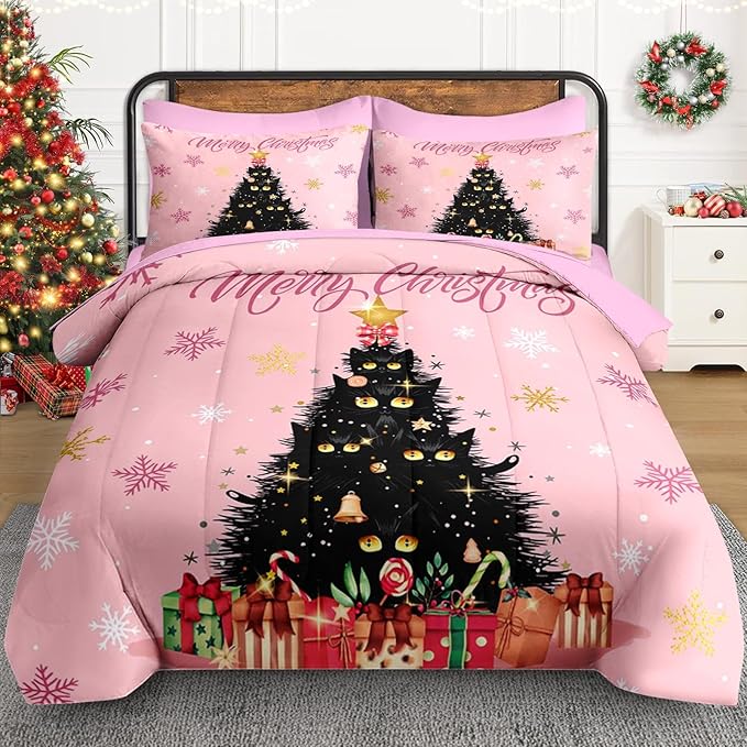 5 Pcs Twin Size Christmas Comforter Set with Pillowcase & Sham, Black Cat Xmas Trees Bedding for Kids and Adults, Pink Snowflakes Bed in a Bag with Flat Fitted Sheet