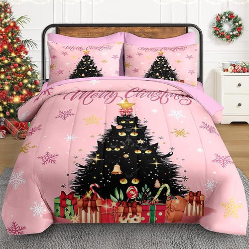 7 Pcs King Size Christmas Comforter Set with 2 Pillowcases & 2 Shams, Black Cat Xmas Trees Bedding for Kids and Adults, Pink Snowflakes Bed in a Bag with Flat Fitted Sheet