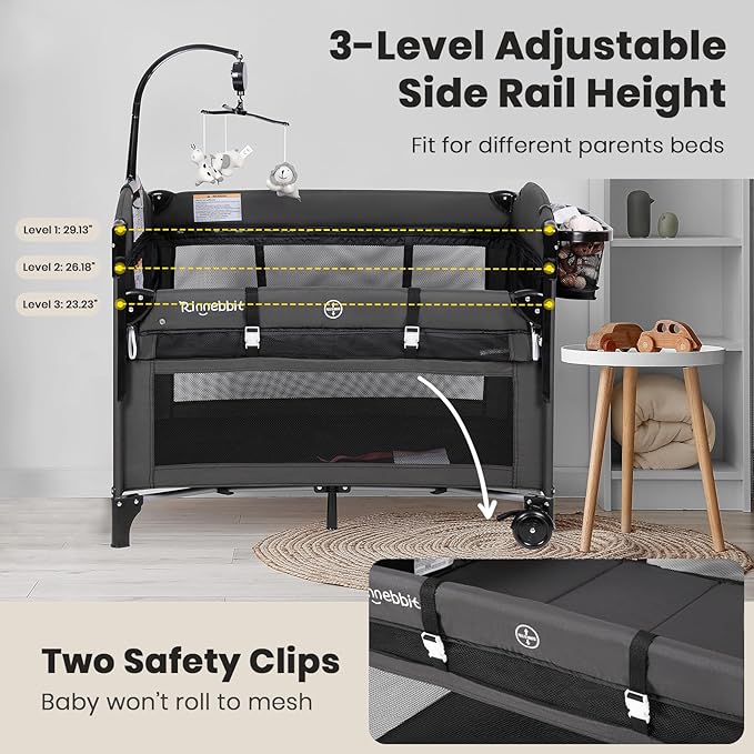 Baby Bassinets Bedside Sleeper, 4 in 1 Portable Bedside Crib w/Mattress, Diaper Changer, Storage Basket, Music Box, Carry Bag, Foldable Playard Sleeper for Newborn (Black)