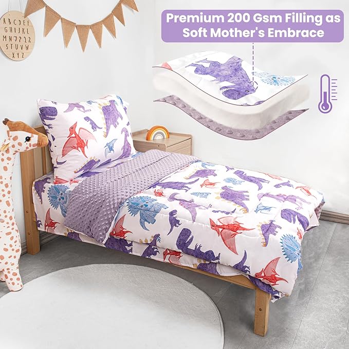 Toddler Bedding Set, Plush Minky Fabric Crib Bedding Set for Girls, Breathable and Soft Baby Crib Bedding Set, Includes Toddler Comforter, Flat Sheet, Fitted Sheet and Pillowcase (Purple Dinosaur)