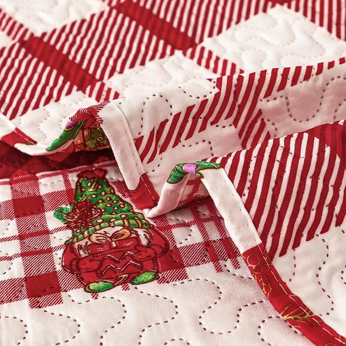 Cuddle Sofia Christmas Quilt Set: Twin Size, Red Plaid Gnome Christmas Decor, Lightweight Reversible Bedspread