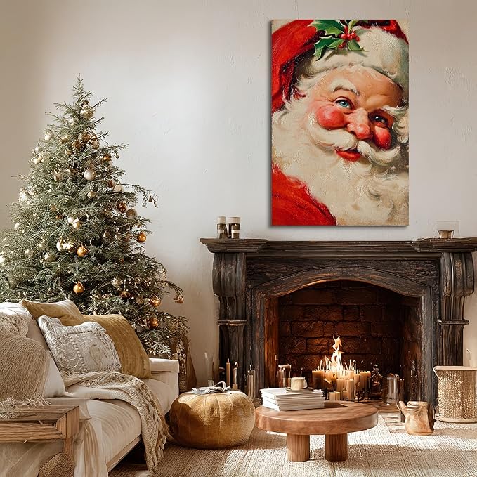 YONICA Christmas Canvas Wall Art Classic Santa 24x32 Inch Traditional Oil Painting Portrait - Large Framed Gallery Wrapped Living Room Art