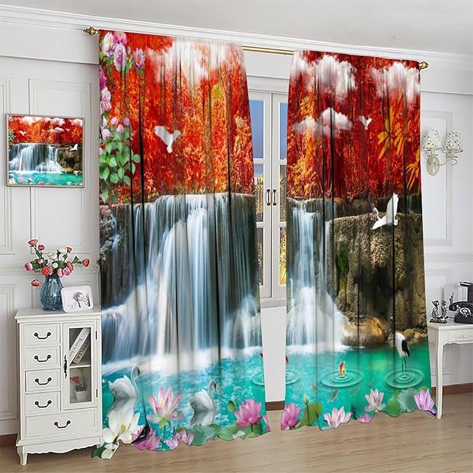 Nature Blackout Curtains, Waterfall Landscape Forest River Crane Fish Floral Pattern Rod Pocket Window Drapes, for Bedroom Living Room 84" W X 84" L