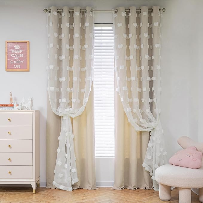 MYSKY HOME Beige Curtains for Bedroom 63 Inch Long Double Layer Curtains for Kids Room Kithen Beige Pom Pom Sheer Nursery Curtains Grommet Room Darkening Window Curtains 2 Panels Set, 52 x 63 Inch