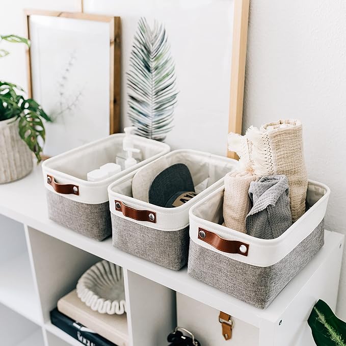 OrganiHaus Small Fabric Storage Baskets for Shelves 3 Pack, 12x08in Closet Storage Bins for Shelves, Canvas Baskets for Organizing, Linen Closet Organizers, Cloth Basket, Gray/Off-White