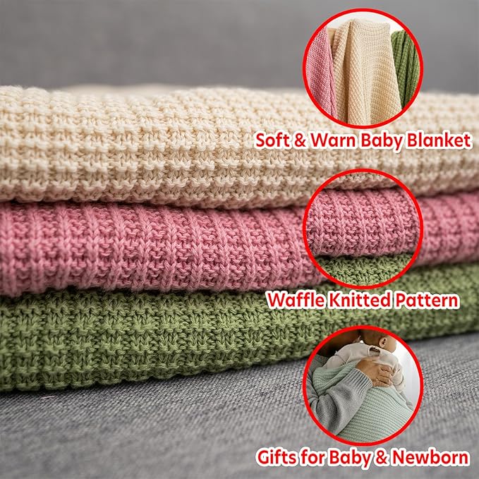 Baby Knit Blanket, 100% Cotton Waffle Patterns, Soft, Cozy, Lightweight Swaddle for Newborn & Infant Swaddling Beige Neutral, Perfect Baby Shower Ideas Sage Green 30x30