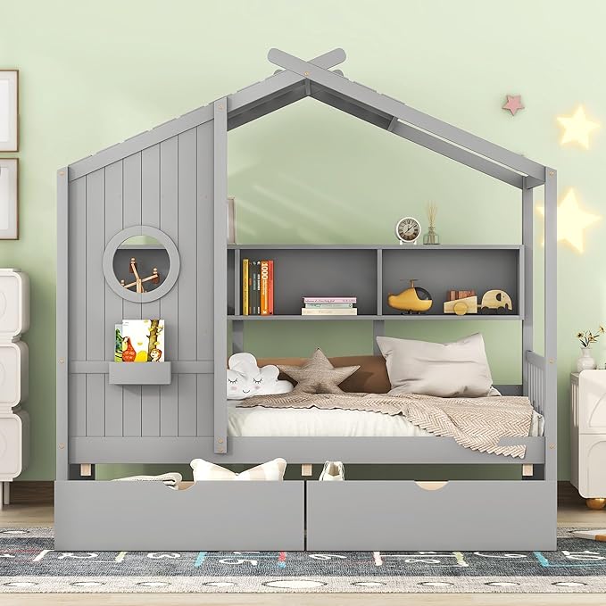 Linique Wooden Twin Size House Bed with 2 Drawers and Storage Shelf,Twin Platform Bed Frame with Pitched Roof,Gray