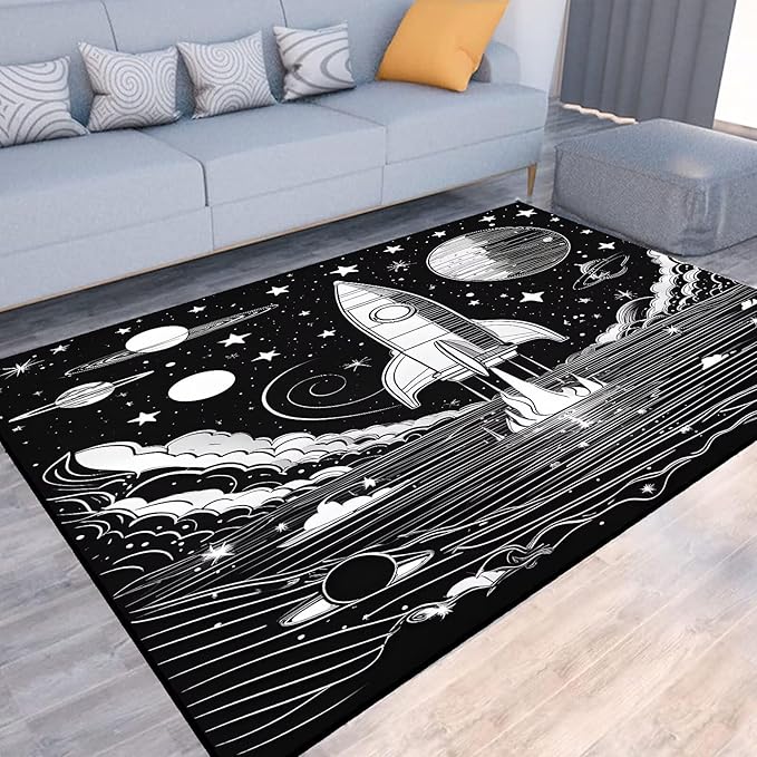 6' x 9' Space Rocket Rug for Kids Bedroom Black Stars Rugs Galaxy Carpet Planet Printed Throw Rugs for Boys Children Living Room,180x275cm