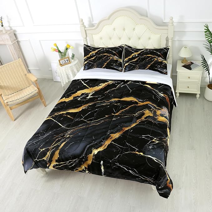 Black and Gold Comforter Set: Twin Size Black Marble Bedding Sets Abstract Marbling Quilts for Teens Kids Boys Modern Aesthetic Bed Set 1 Comforter & 1 Pillow Case