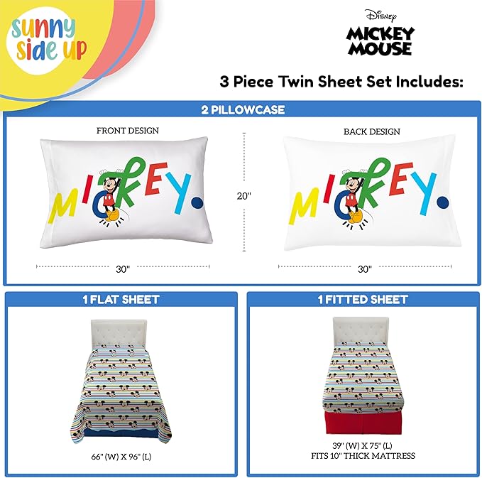 Sunny Side Up Disney Mickey Mouse Twin Sheet Set - 3 Piece Kids Bedding Set Includes Pillow Cover - Super Soft Microfiber Sheets