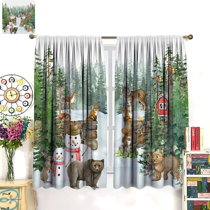 Woodland Animal Curtains, Watercolor Squirrel Hare Bear Bird Pattern Blackout Window Treatments, Rod Pocket Thermal Insulated Drapes 2 Panel Sets for Kids Bedroom Nursery Classroom, 42" W X 45" L