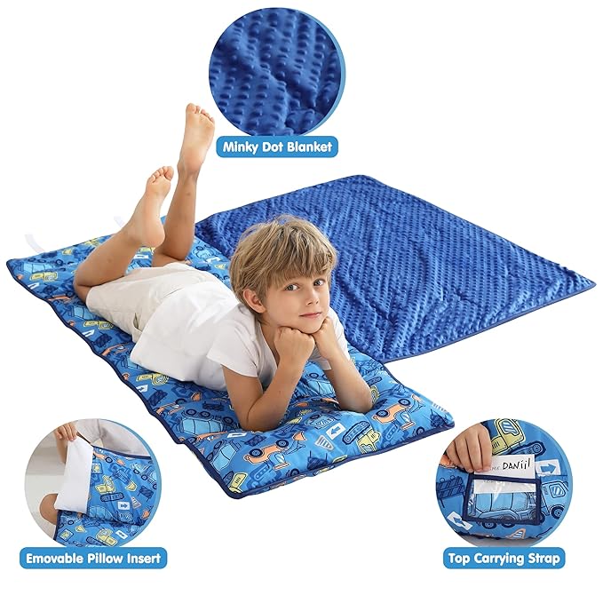Viviland Toddler Kid Nap Mat for Preschool, Boys Blue Car Slumber Bag, Daycare Sleeping Bag with Pillow and Blanket, Kindergarten Sleep Mat