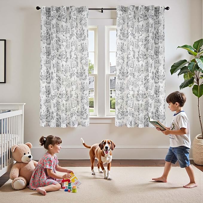 jinchan Linen Nursery Curtains 63 inch Long Woodland Wildlife Black Print Drapes for Kid's Room Light Filtering French Country Farmhouse Curtains with Bunny and Forest Design Set of 2 Panels