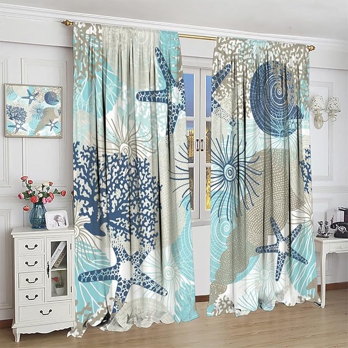 Coastal Curtains Ocean Beach Themed Room Darkening Window Curtain Nautical Coral Blackout Curtain for Bedroom Living Room Bathroom Nursery Set 2 Panels,42x54 Inches