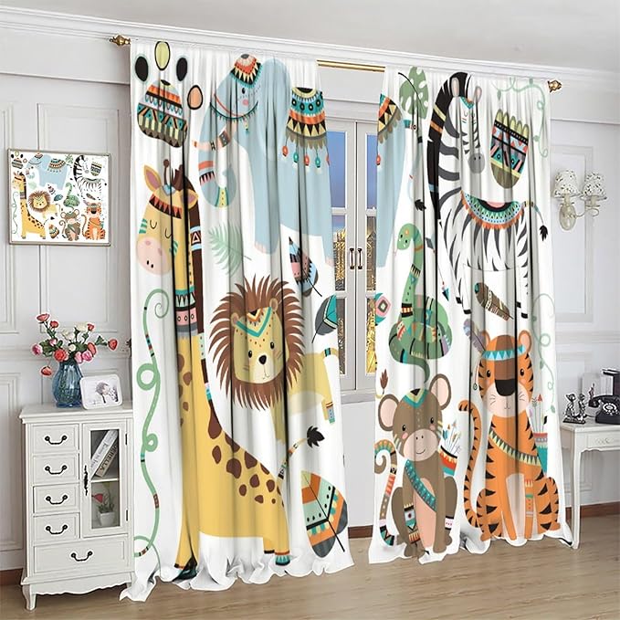Jungle Tribal Animals Curtains, Southwest Aztec Cartoon Funny Zoo Animals Giraffe Lion Elephant Zebra Tiger Print Thermal Insulation Window Drapes for Kids Boys Girls Bedroom Living Room 52x84in