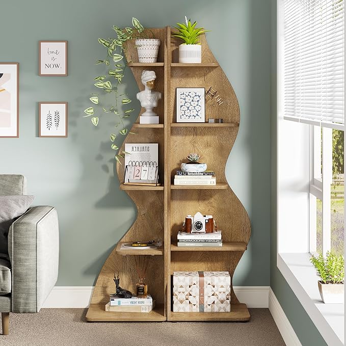 Tribesigns Corner Shelf, Modern 5-Tier Wall Corner Bookshelf, Stylish Corner Small Bookcase Storage Rack Plant Stand with Unique Shape for Living Room, Home Office (Light Brown, 1PC)