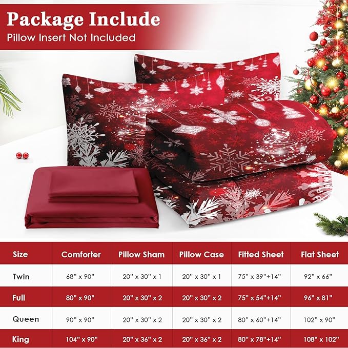 7 Pcs Full Size Christmas Comforter Set with 2 Pillowcases & 2 Shams, Red Glitter Xmas Tree Bedding for Kids and Adults, White Elegant Snowflake Bed in a Bag with Flat Fitted Sheet