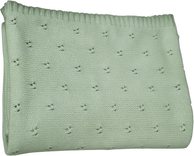Baby Knit Blanket, 100% Cotton Eyelet Patterns, Soft, Cozy, Lightweight Swaddle for Newborn & Infant Swaddling Beige Neutral, Perfect Baby Shower Ideas Sage Green 28x36
