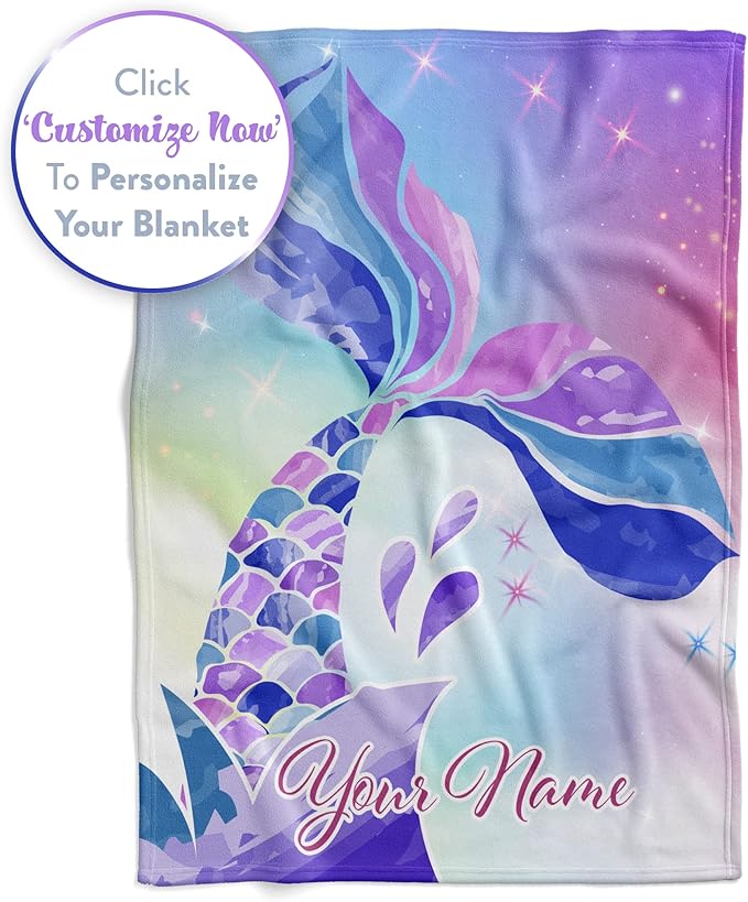 Personalized Mermaid Fleece Blanket - Ships Next Day, Made in USA - Custom, Soft, & Plush, Couch Bed Throw for Kids, Girls Bedroom Décor, Pink & Purple (Fleece – 50x60)