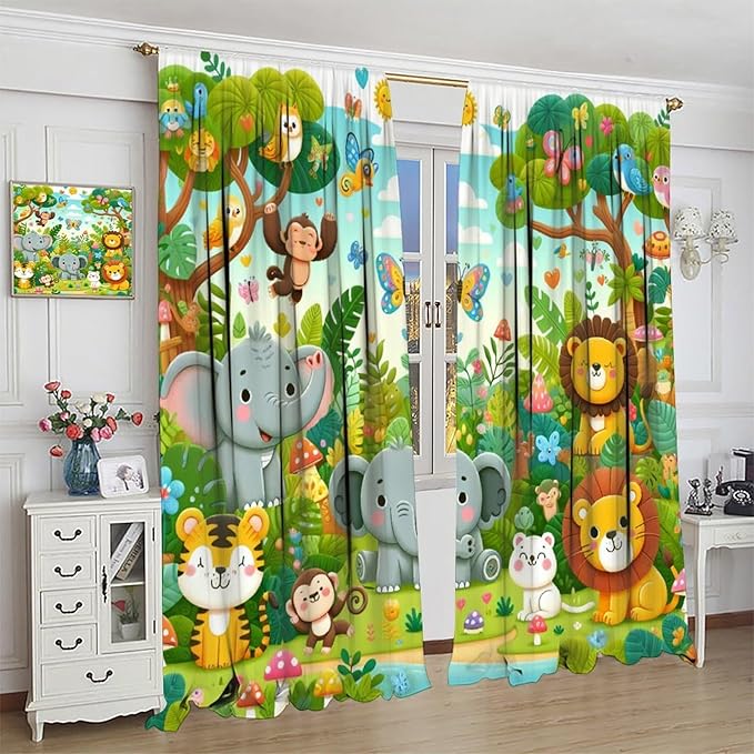 Cartoon Animals Curtain Jungle Forest Elephant Lion Butterfly Floral Print Curtains for Kids Boys Girls Nursery Baby Bedroom Playroom Home Decor Window Drapes 63" W X 63" L