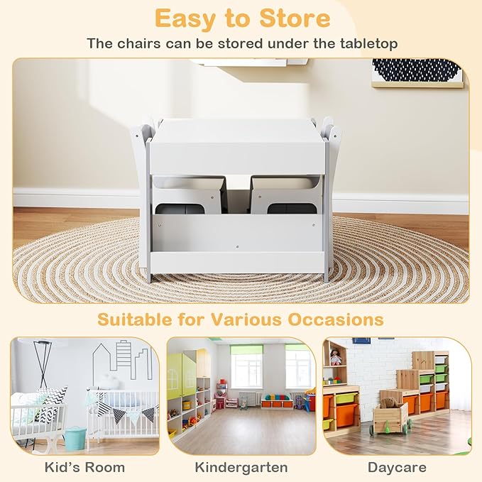 HONEY JOY Kids Table and Chairs, 4-in-1 Children Wooden Activity Set w/Double Bookshelves, Storage, Detachable Tabletop, for Art, Craft, Drawing, Reading, Gift for Toddlers 3-6 Years Old (Gray)