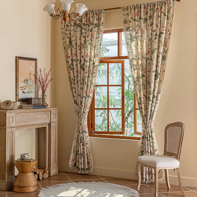 ENJOYBRIDAL Floral Curtains 84 Inch Long Living Room Boho Drapes Bedroom 2 Panels Semi Sheer Floor Length Window Curtain Panels Vintage Rod Pocket Tassel Farmhouse Nursery Window Treatments