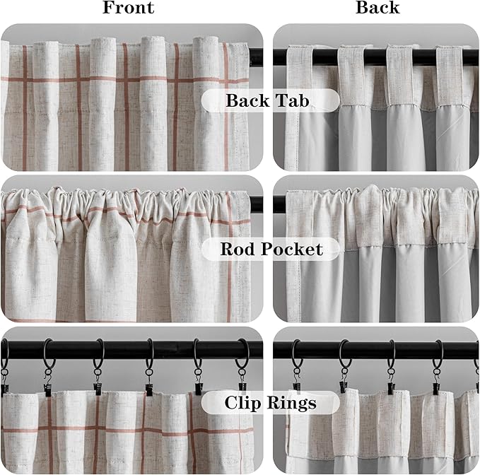 MYSKY HOME 100% Blackout Plaid Farmhouse Linen Curtains 84 Inch Long for Living Room Double Layer Checkered Drapes Thermal Insulated Privacy Protection Rod Pocket Back Tab, 1 Panel, 52" W, Tan