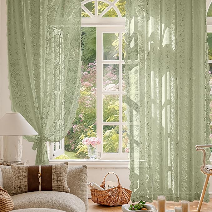 Anmao Vintage Lace Curtains 63 Inches Long 2 Panels Set, Romantic Elegant Light Filtering Semi Sheer Floral Thick Lacy Curtain Drapes for Living Room and Bedroom, Each Panel 55W x 63L, Dry Grass Green