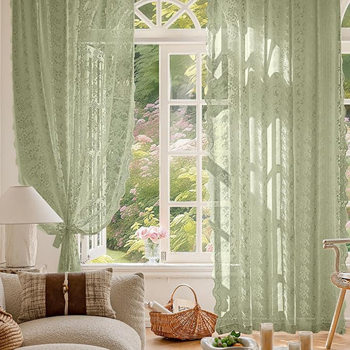 Anmao Vintage Lace Curtains 96 Inches Long 2 Panels Set, Romantic Elegant Light Filtering Semi Sheer Floral Thick Lacy Curtain Drapes for Living Room and Bedroom, Each Panel 55W x 96L, Dry Grass Green