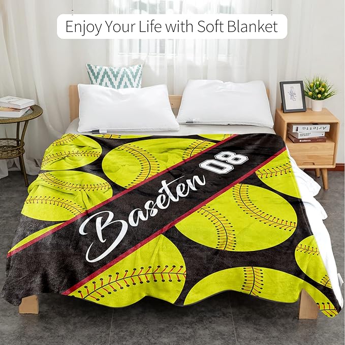 Personalized Softball Baby Blanket Gifts: Custom Soft Flannel Fabric Blankets with Name Number for 0-6 Years Kids Boys Girls - Warm and Comfortable(30X40inch)