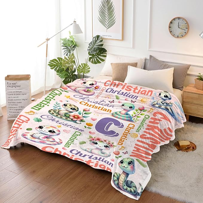 Personalized Custom Snake Preschool Blanket Gifts for Baby Toddler Kids Boys Girls - Customized Snake Super Soft Lightweight Flannel Sheets Decor for Crib Nap Couch - 40"x50" for Kids/Children