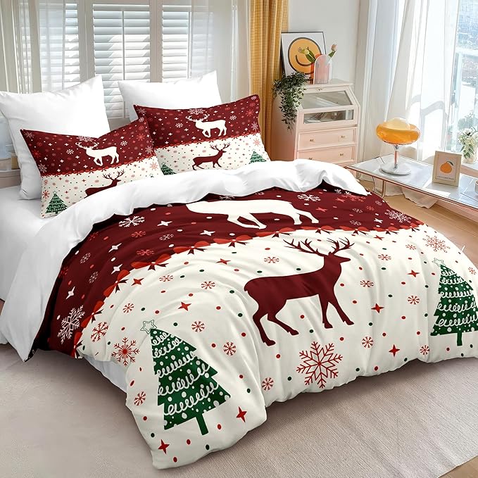 Christmas Duvet Cover Full Size Red Bow Deer Bedding Set 3 Pcs Kids Boys Girls Xmas Christmas Tree Comforter Cover with Zipper Closure (No Comforter)