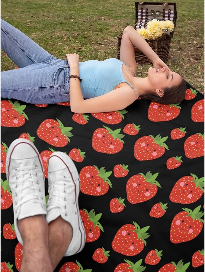 Thuswarm Cute Strawberry Kawaii Black Flannel Throw Blanket Warm Cozy Soft Funny Print Blankets for Bed Couch Sofa Room Decoration Gifts 40”×30” XSmall for Pets