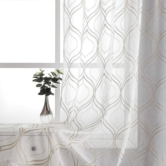 VISIONTEX Moroccan Embroidered White Sheer Curtains Panels, Decor French Textured Rod Pocket Voile Tulle Semi Window Trellis Drapes for Bedroom, Set of 2, 54 x 108 inch, Light Brown
