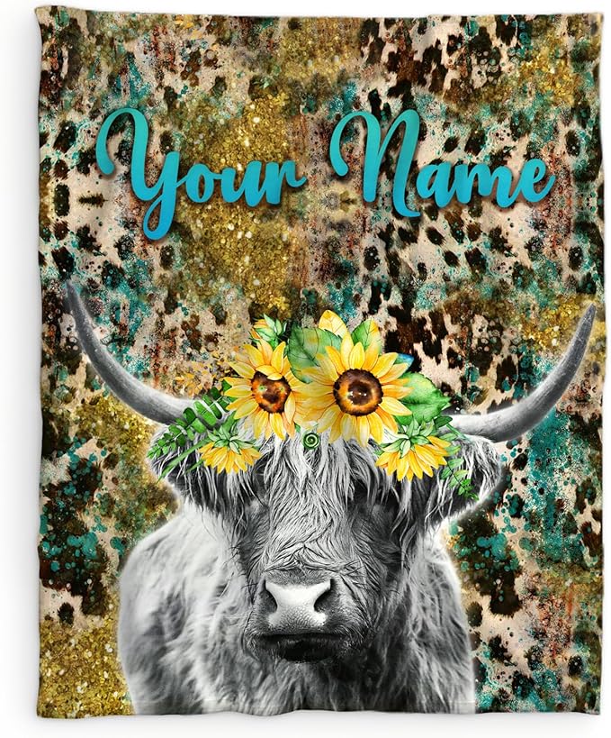 Custom Throw Blanket for Women - Cute Highland Cow Blanket Gift for Mom Grandma Nana - 80x60 Inches Personalized Aesthetic Leopard Print Throws with Name for Bed Couch Sofa