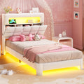 MSmask Twin Upholstered LED Bed Frame with 2-Tier Storage Bookcase Headboard, Velvet Princess Bed with Crystal Button Tufted Headboard & Charging Station, Girls Platform Bed, Curved Legs, White