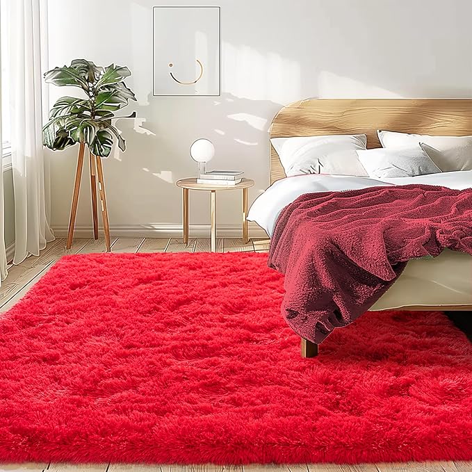 2x6 Fluffy Area Rug - Soft Shag Runner Rug for Bedroom - Non Slip Runner Living Room Rug Plush Carpet Runner Red