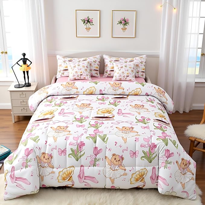 Pink Bowknot Princess Comforter Full Size,Ballet Shoes Bear Dancer Cartoon 7 Pcs Bedding Set,Tulip Flower Music Note Record Decor,Bow Tie Romantic （Fitted+Sheet+2 Pillowcases+2 Throw Pillow Covers）