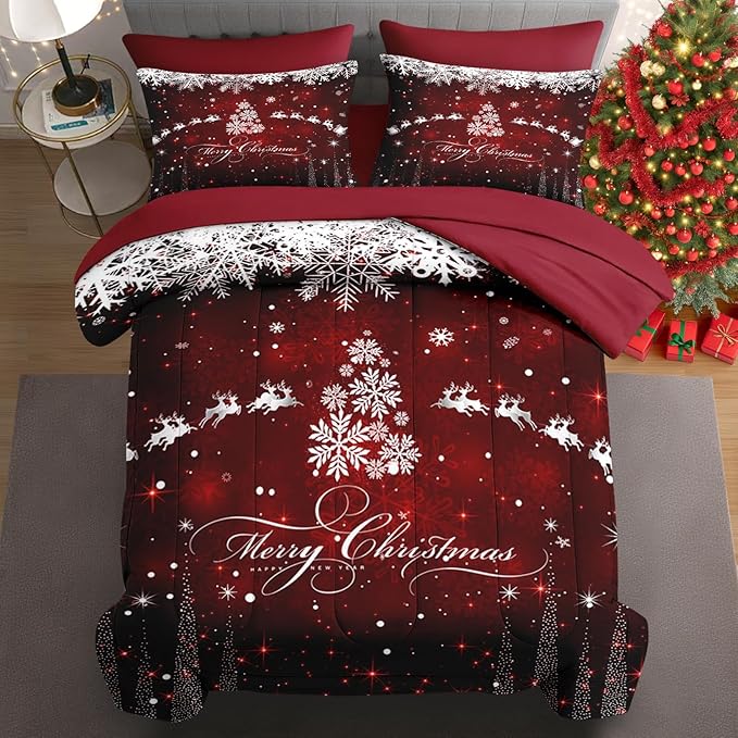 5 Pcs Twin Size Christmas Comforter Set with Pillowcase & Sham, Dark Red Winter Snowflake Bedding for Kids and Adults, Merry Xmas Bed in a Bag with Flat Fitted Sheet