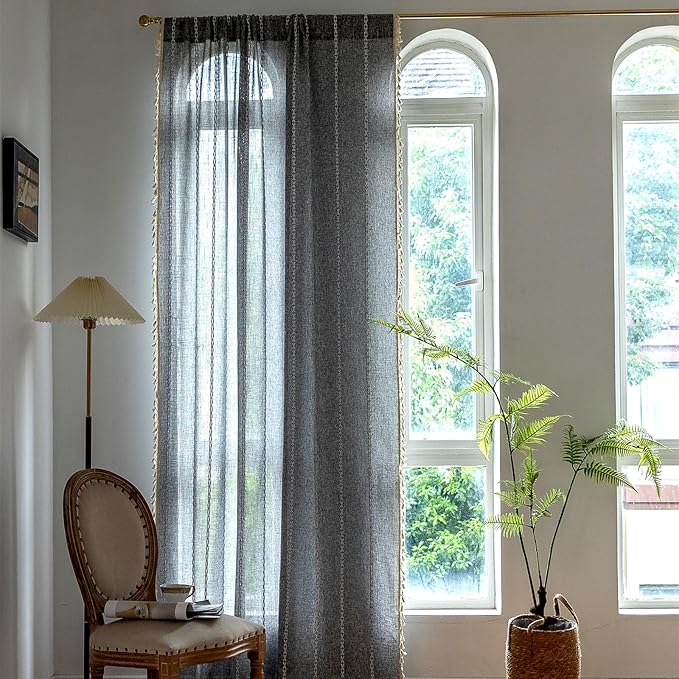 Deeprove Sheer Boho Curtains 63 inches Length for Cafe Closet Kitchen, Vintage Bohemian Embroidery Farmhouse Light Filter Privacy Country Tassel Window Treatments, W52 x L63,Dark Coal Grey 1 Panel