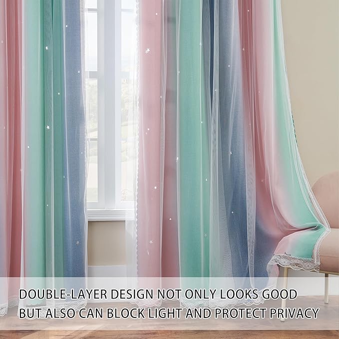 XiDi Pink Grey Green Girls Curtains for Bedroom Rainbow Blackout Curtains for Kitchen Cafe Window Room Darkening Kids Childs Nurser Room Wall Decor Grommet 63 Inches Long 34 inches Wide 2 Panels Set