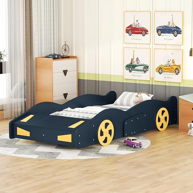 Harper & Bright Designs Twin Size Race Car-Shaped Platform Bed with Wheels and Storage, Dark Blue+Yellow