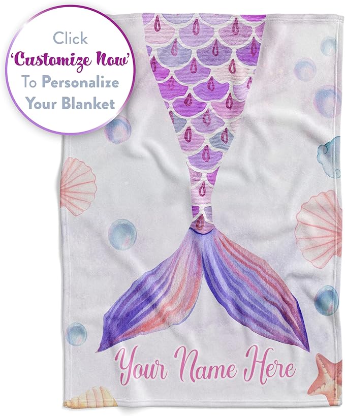 Personalized Blanket for Girls | Custom Mermaid Fleece Throw | Purple Kids Throw | Baby Girl Blanket for Room Décor | Girls Room | Kids Blanket | Mermaids (Sherpa – 60x80)