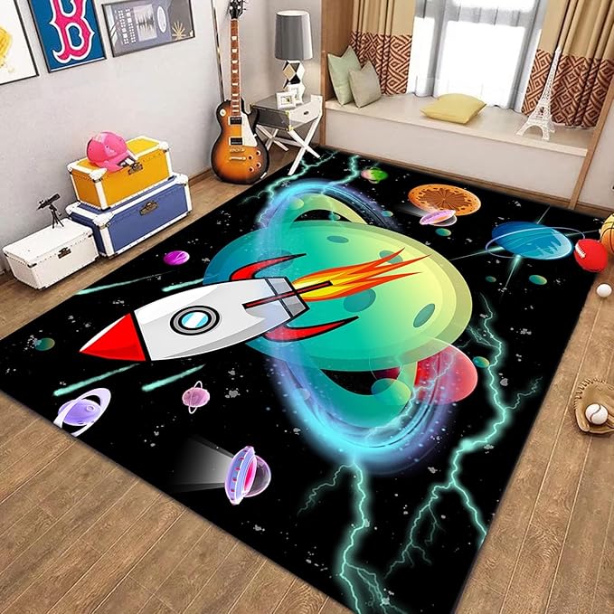 Outer Space Kids Area Rug,3x5ft,Kids Playroom Crawling Mat, Machine Washable, Non-Slip Carpet with Cartoon Planets and Rocket Design, Suitable for Boys' Bedroom, Class, Nursery Decorative Rug