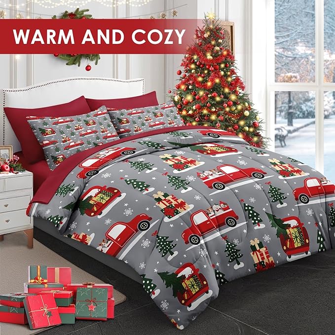 7 Pcs Full Size Christmas Comforter Set with 2 Pillowcases & 2 Shams, Red Cartoon Truck Bedding for Kids and Adults, Merry Winter Pine Tree Bed in a Bag with Flat Fitted Sheet