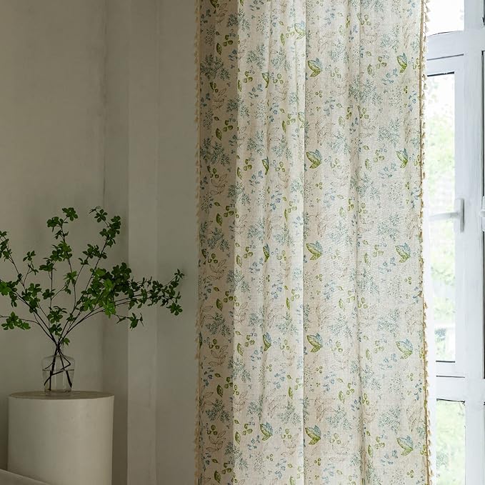 ENJOYBRIDAL Leaf Curtains 63 Inch Length 2 Panels Tassel Boho Semi Sheer Drapes Bedroom Living Room Farmhouse Floral Short Rustic Country Rod Pocket Cotton Linen Blend Window Curtain Panel