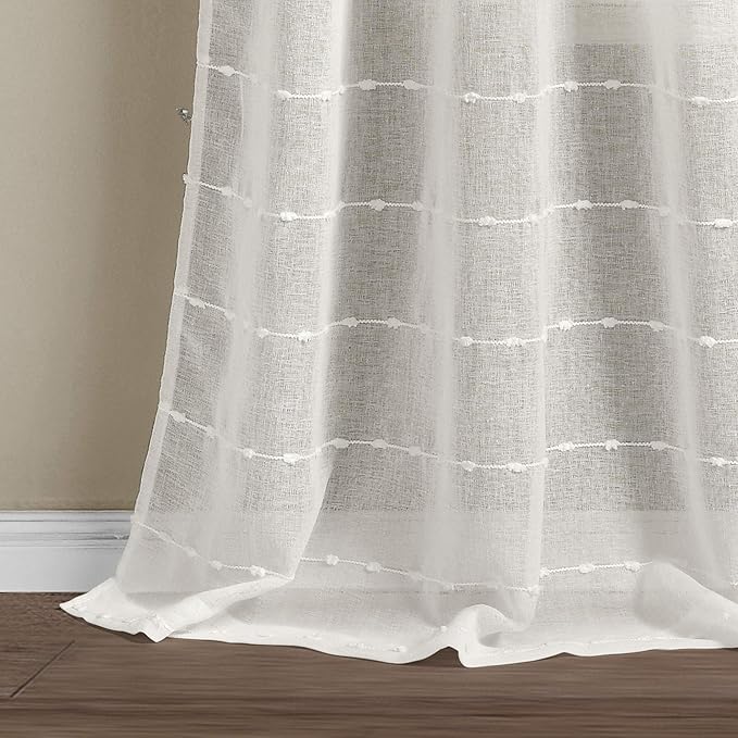 Lush Decor Farmhouse Textured Grommet Sheer Window Curtain Panel Pair, 38"W x 95"L, White