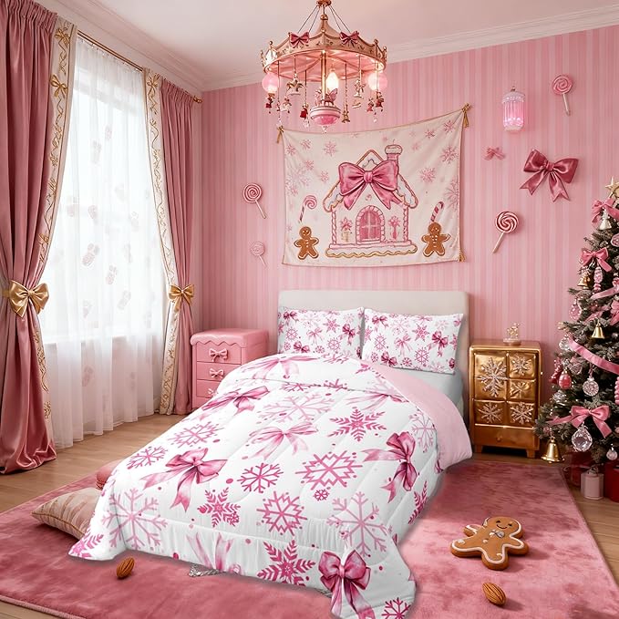 Cute Bow Tie Kids Comforter Set Twin Size,Girly Bowknot Snowflake Dots Bedding Set Room Decor,Merry Christmas Winter Princess Quilt Comforter,Pink White Duvet Set Bedroom Quilt Set,1 Pillowcase