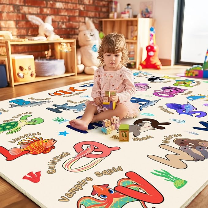 Kids Rugs for Playroom, 8x10 Ft Educational Rug for Learn The ABC Alphabet, Soft Machine Washable Non-Slip Cute Marine Organisms Carpet for Classroom Toddler Nursery Kids Room Decor, Beige